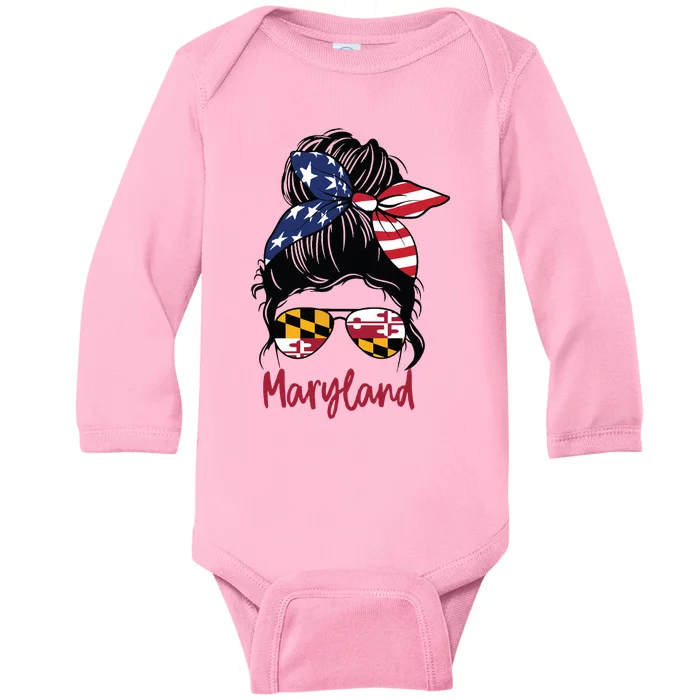 Maryland Girl Maryland Flag State Girlfriend Messy Bun Baby Long Sleeve Bodysuit