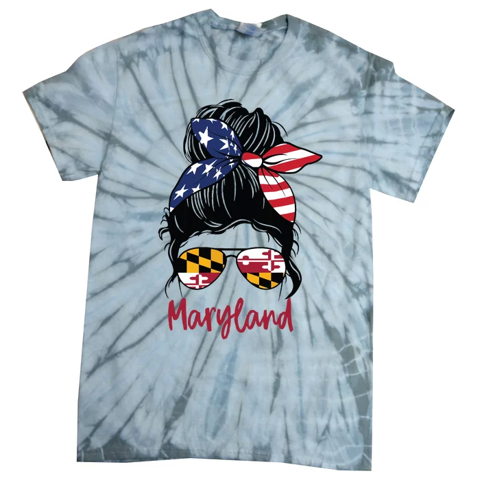 Maryland Girl Maryland Flag State Girlfriend Messy Bun Tie-Dye T-Shirt