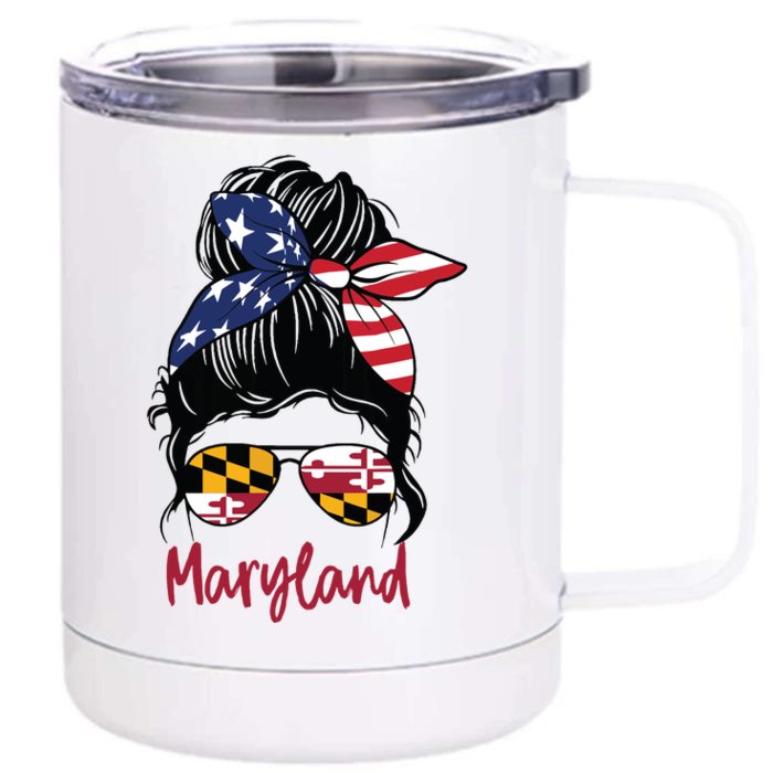 Maryland Girl Maryland Flag State Girlfriend Messy Bun Front & Back 12oz Stainless Steel Tumbler Cup