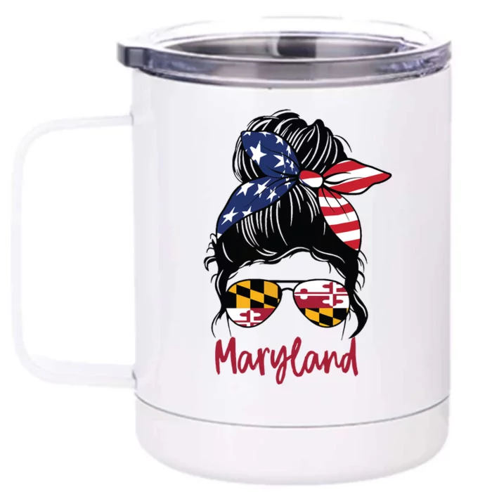 Maryland Girl Maryland Flag State Girlfriend Messy Bun Front & Back 12oz Stainless Steel Tumbler Cup