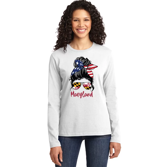 Maryland Girl Maryland Flag State Girlfriend Messy Bun Ladies Long Sleeve Shirt