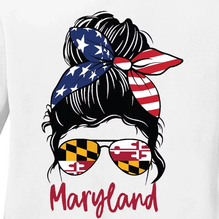 Maryland Girl Maryland Flag State Girlfriend Messy Bun Ladies Long Sleeve Shirt