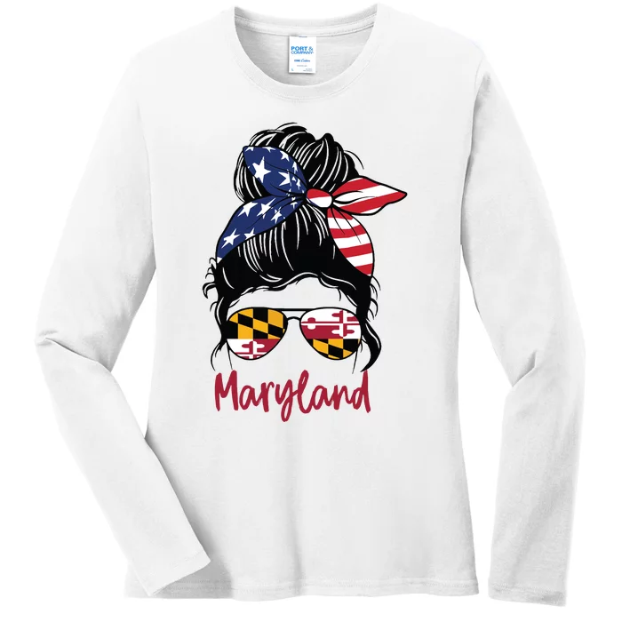 Maryland Girl Maryland Flag State Girlfriend Messy Bun Ladies Long Sleeve Shirt