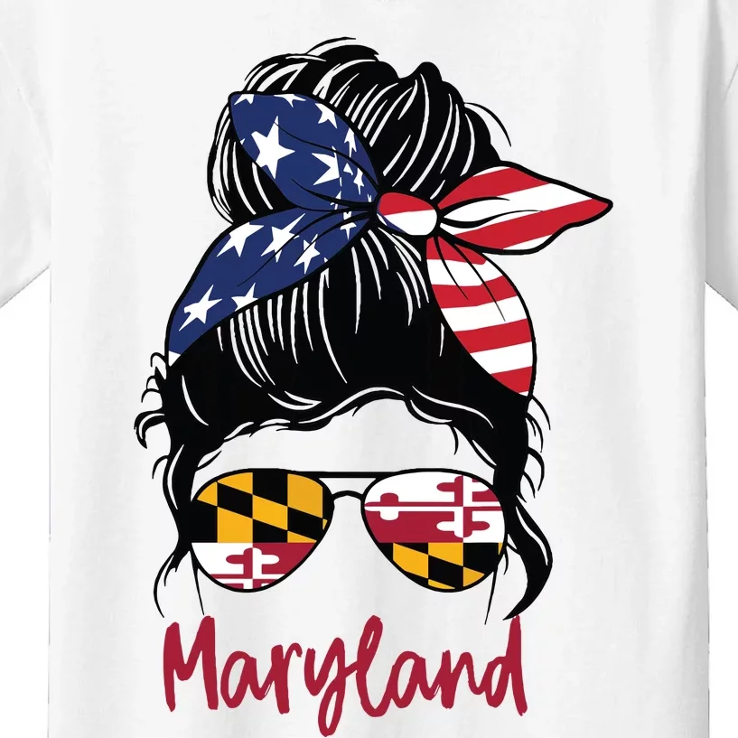 Maryland Girl Maryland Flag State Girlfriend Messy Bun Kids T-Shirt