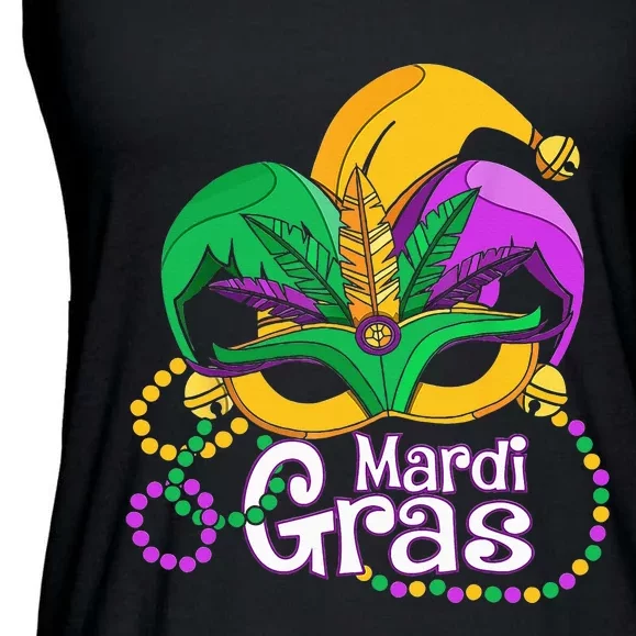 Mardi Gras Mardi Gras Beads Mask Feathers Ladies Essential Flowy Tank