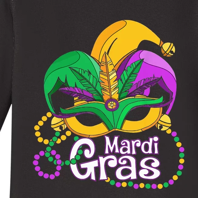 Mardi Gras Mardi Gras Beads Mask Feathers Baby Long Sleeve Bodysuit