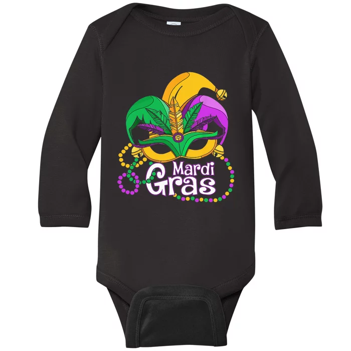 Mardi Gras Mardi Gras Beads Mask Feathers Baby Long Sleeve Bodysuit