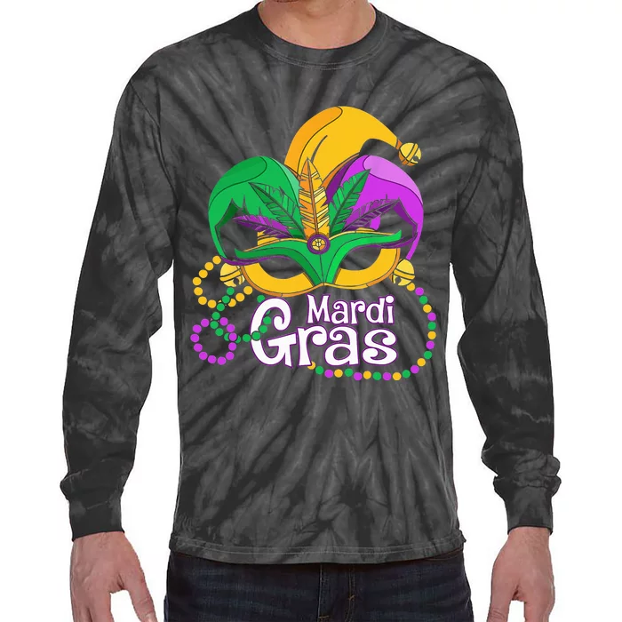 Mardi Gras Mardi Gras Beads Mask Feathers Tie-Dye Long Sleeve Shirt