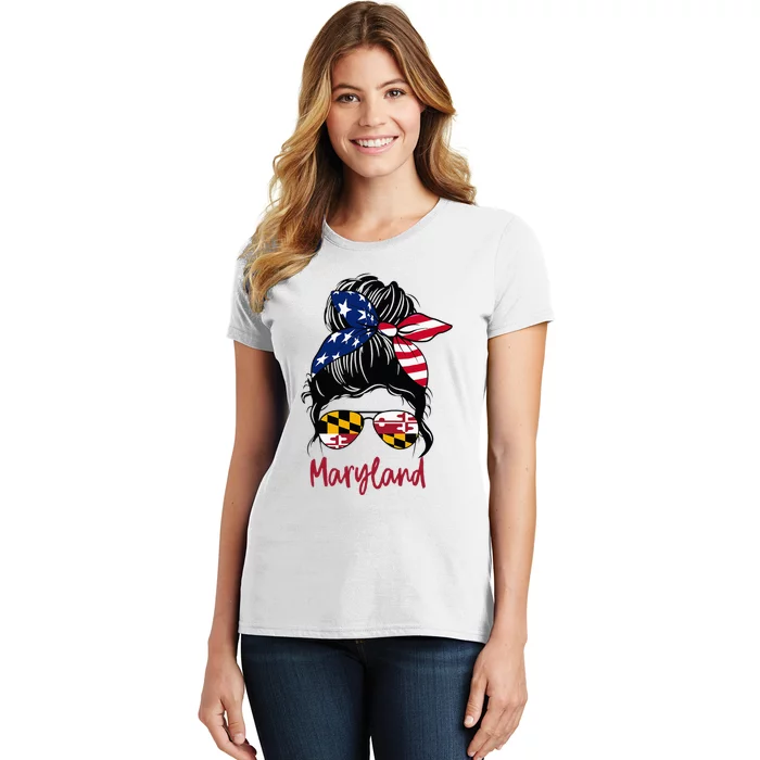 Maryland Girl Maryland Flag State Girlfriend Messy Bun Women's T-Shirt