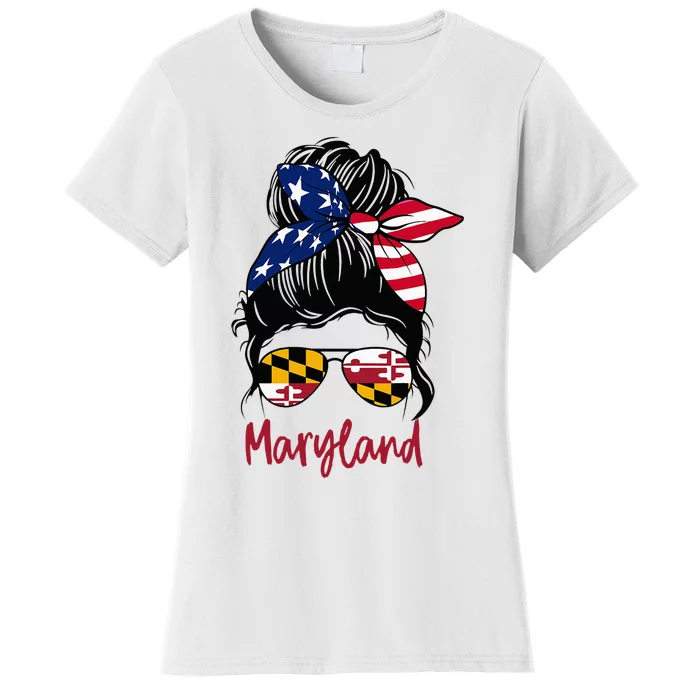 Maryland Girl Maryland Flag State Girlfriend Messy Bun Women's T-Shirt