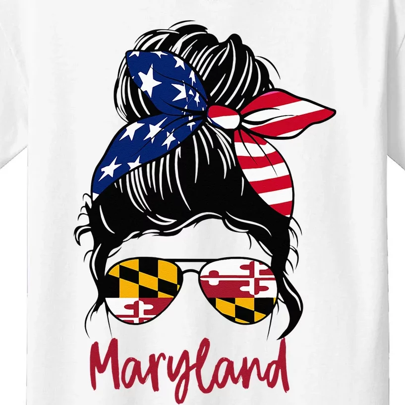 Maryland Girl Maryland Flag State Girlfriend Messy Bun Kids T-Shirt