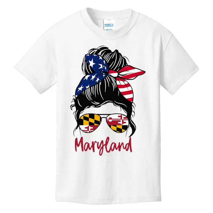 Maryland Girl Maryland Flag State Girlfriend Messy Bun Kids T-Shirt