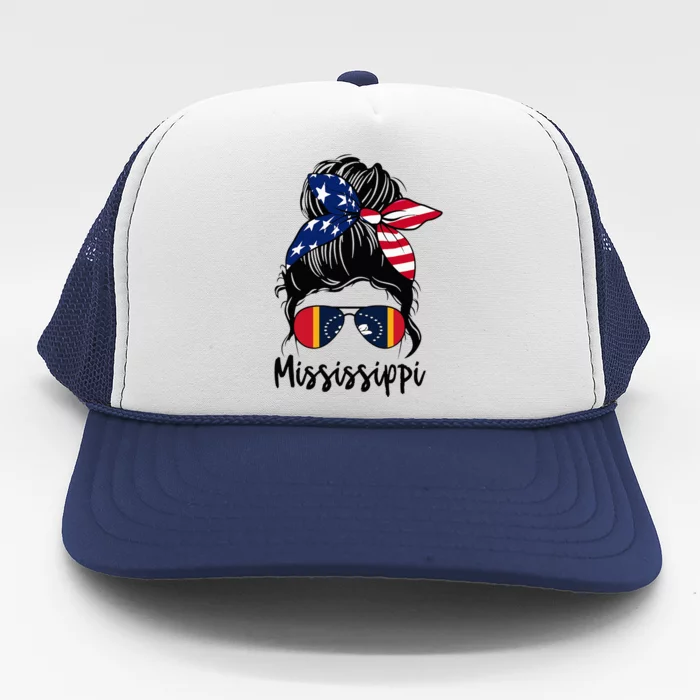 Mississippi Girl Mississippi Flag State Girlfriend Messy Bun Trucker Hat