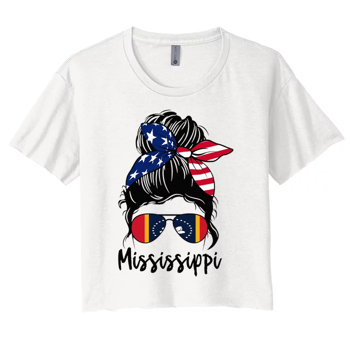 Mississippi Girl Mississippi Flag State Girlfriend Messy Bun Women's Crop Top Tee