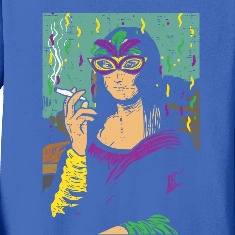 Mardi Gras Mona Lisa Smoking Weed Cannabis 420 Stoner Gift Great Gift Kids Long Sleeve Shirt