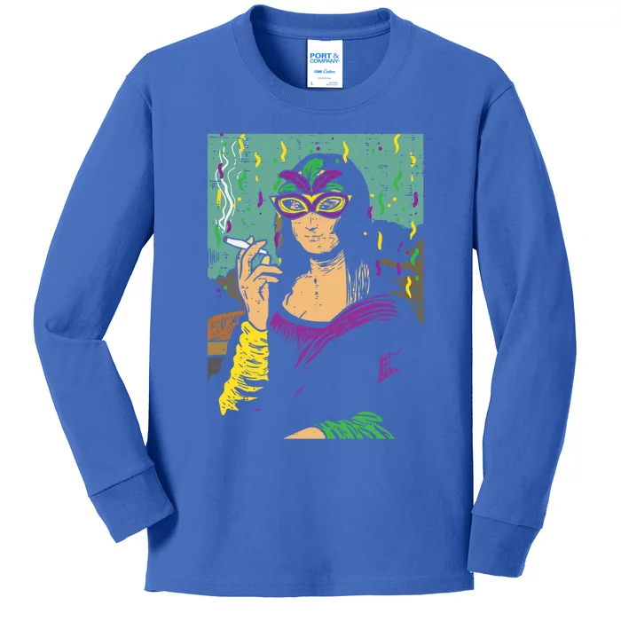 Mardi Gras Mona Lisa Smoking Weed Cannabis 420 Stoner Gift Great Gift Kids Long Sleeve Shirt