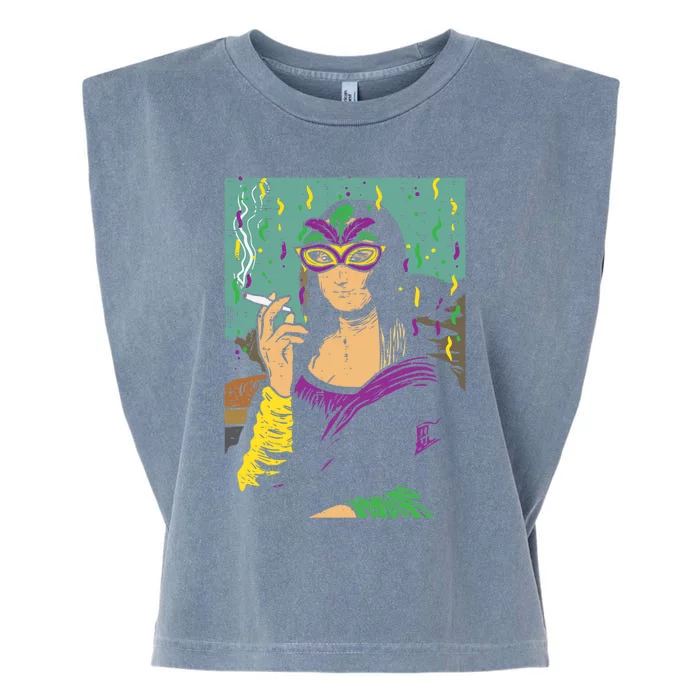 Mardi Gras Mona Lisa Smoking Weed Cannabis 420 Stoner Gift Great Gift Garment-Dyed Women's Muscle Tee