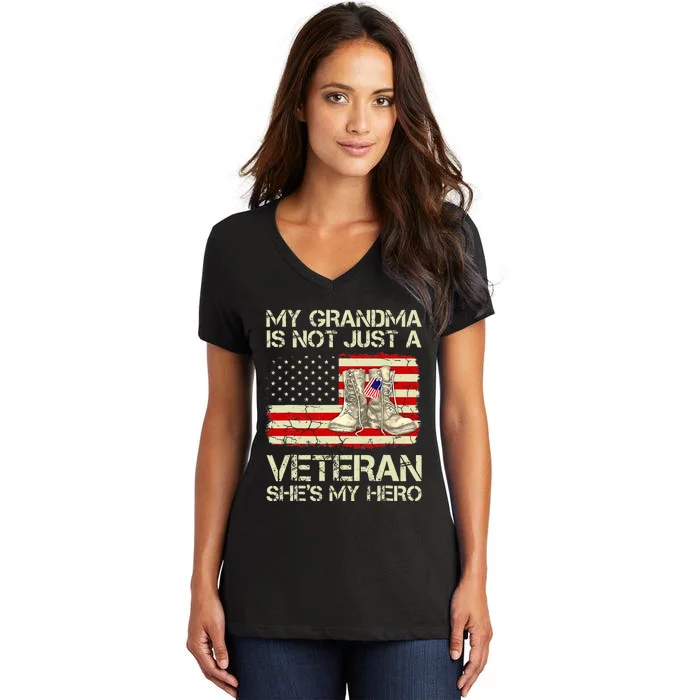 My Grandma Not Just Veteran She Is Hero Combat Boots US Flag Women's V-Neck T-Shirt