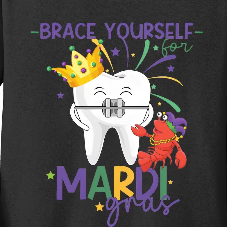 Mardi Gras Orthodonist Brace Yourself For Mardi Gras Kids Long Sleeve Shirt