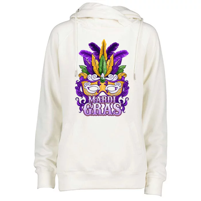 Mardi Gras Parade Gift Mask And Feathers Womens Funnel Neck Pullover Hood