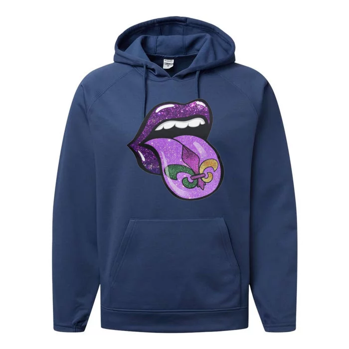 Mardi Gras Purple Lips And Tongue Tie Dye Gift Performance Fleece Hoodie