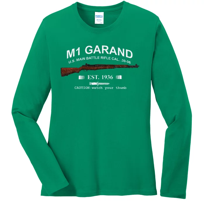 M1 Garand Rifle Gun Wwii Watch Your Thumb Est 1936 Graphic Ladies Long Sleeve Shirt