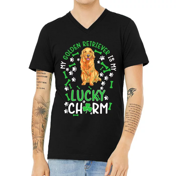 My Golden Retriever Is My Lucky Dog St Patrick's Day V-Neck T-Shirt