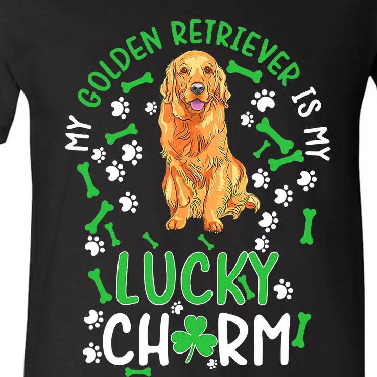 My Golden Retriever Is My Lucky Dog St Patrick's Day V-Neck T-Shirt