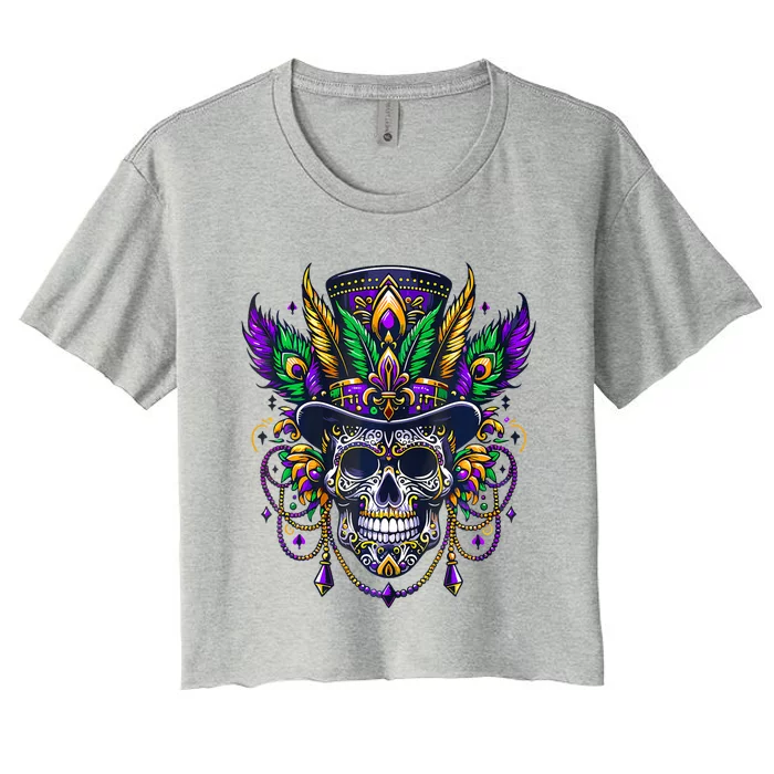 Mardi Gras Skull Top Hat New Orleans Witch Doctor Voodoo Women's Crop Top Tee