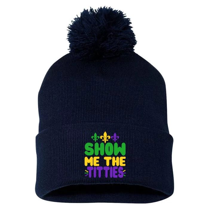 Mardi Gras Show Me The Titties Pom Pom 12in Knit Beanie