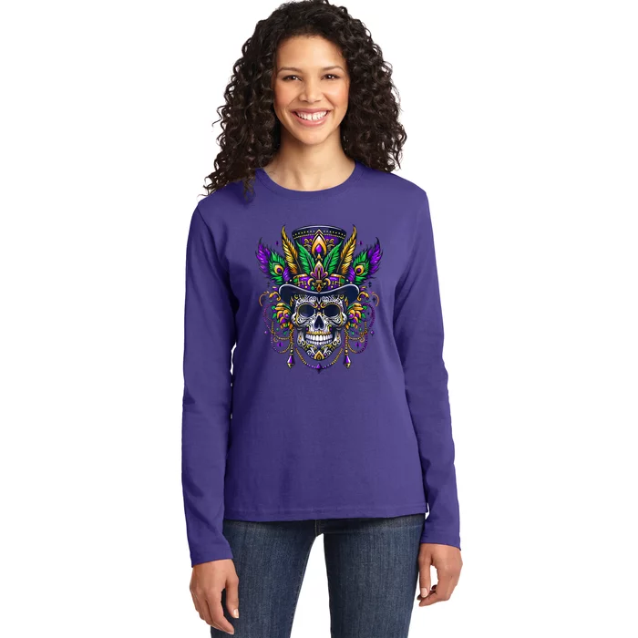 Mardi Gras Skull Top Hat New Orleans Witch Doctor Voodoo Ladies Long Sleeve Shirt