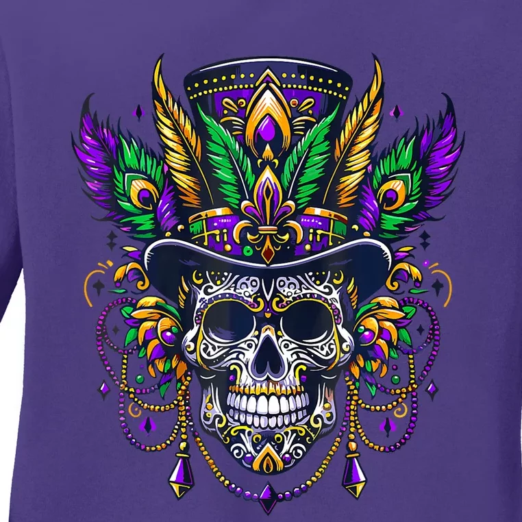 Mardi Gras Skull Top Hat New Orleans Witch Doctor Voodoo Ladies Long Sleeve Shirt