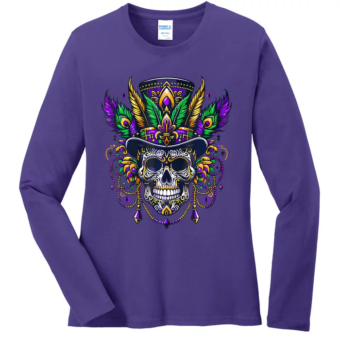 Mardi Gras Skull Top Hat New Orleans Witch Doctor Voodoo Ladies Long Sleeve Shirt