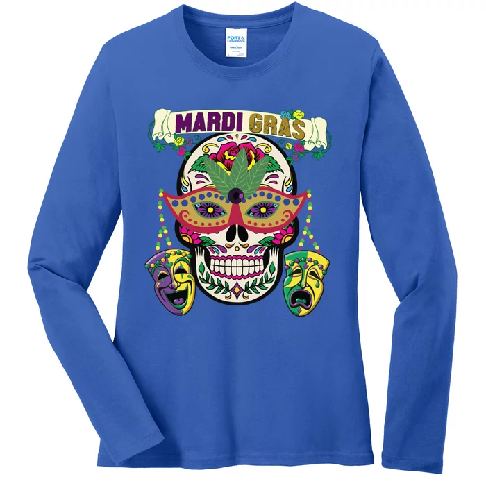 Mardi Gras Skull Cool Gift New Orleans Beads Masks Gift Ladies Long Sleeve Shirt