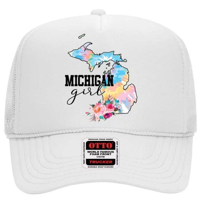 Michigan Girl Tie Dye State Michigan Lovers High Crown Mesh Trucker Hat