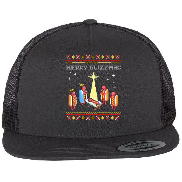 Merry Glizzmas Tacky Funny Merry Christmas Hot Dogs Flat Bill Trucker Hat