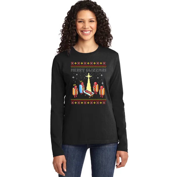 Merry Glizzmas Tacky Funny Merry Christmas Hot Dogs Ladies Long Sleeve Shirt