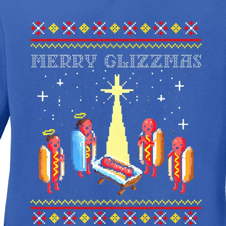 Merry Glizzmas Tacky Funny Merry Christmas Hot Dogs Holiday Ladies Long Sleeve Shirt