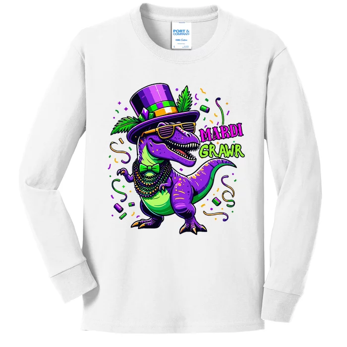 Mardi Grawr Trex Dino Costume Mardi Gras Kids Long Sleeve Shirt