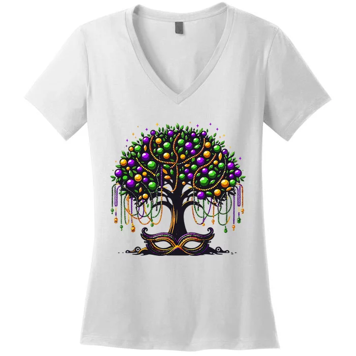 Mardi Gras Tree Beads New Orleans 2024 Festival Bead Women's V-Neck T-Shirt