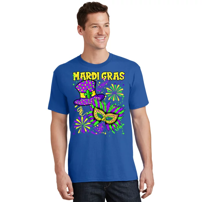 Mardi Gras Top Hat And Mask Fireworks New Orleans Carnival Gift T-Shirt