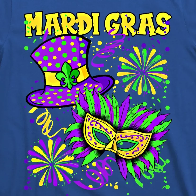 Mardi Gras Top Hat And Mask Fireworks New Orleans Carnival Gift T-Shirt