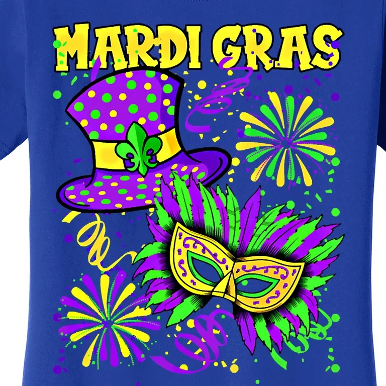 Mardi Gras Top Hat And Mask Fireworks New Orleans Carnival Gift Women's T-Shirt