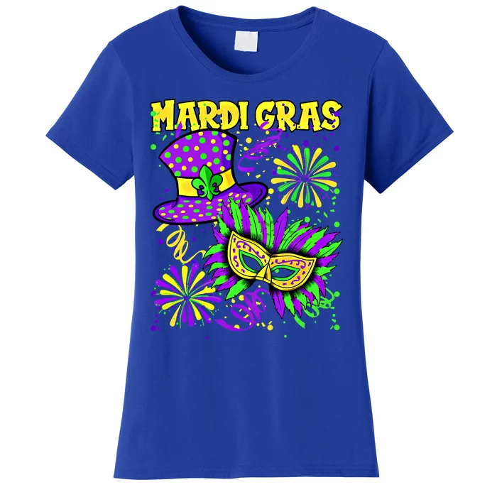 Mardi Gras Top Hat And Mask Fireworks New Orleans Carnival Gift Women's T-Shirt