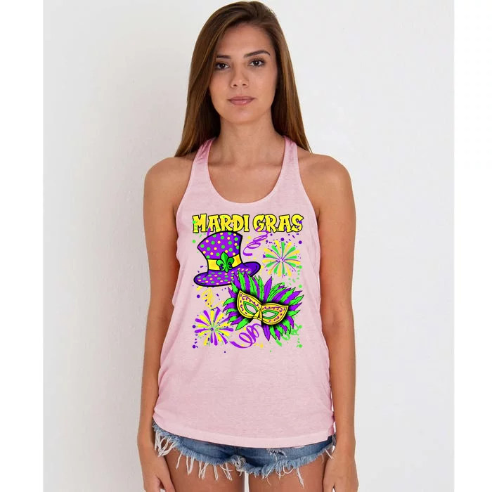 Mardi Gras Top Hat And Mask Fireworks New Orleans Carnival Gift Women's Knotted Racerback Tank