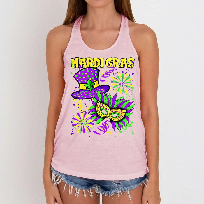 Mardi Gras Top Hat And Mask Fireworks New Orleans Carnival Gift Women's Knotted Racerback Tank