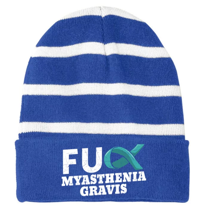 Myasthenia Gravis Teal Awareness Ribbon Autoimmune Disorder Cute Gift Striped Beanie with Solid Band