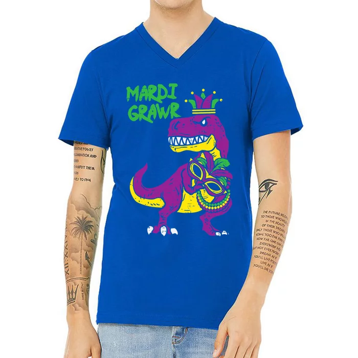 Mardi Grawr T Rex Dino Mardi Gras Gift V-Neck T-Shirt