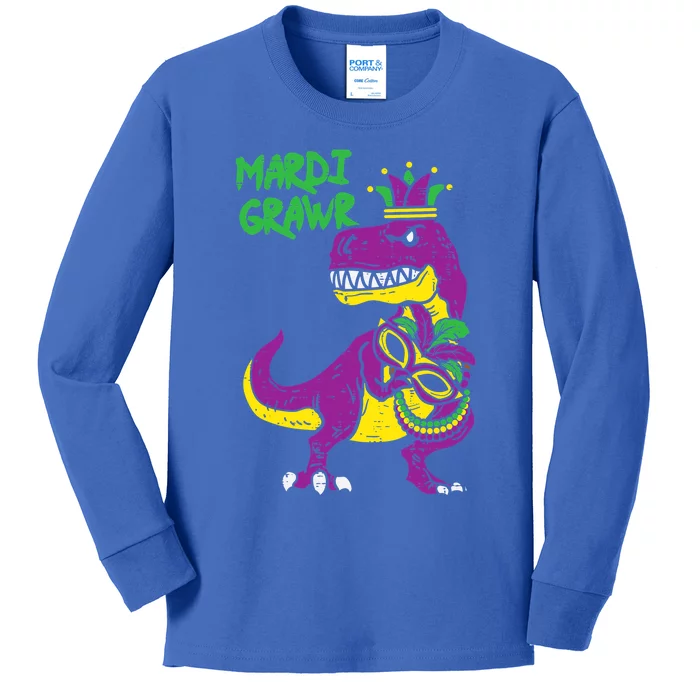 Mardi Grawr T Rex Dino Mardi Gras Gift Kids Long Sleeve Shirt