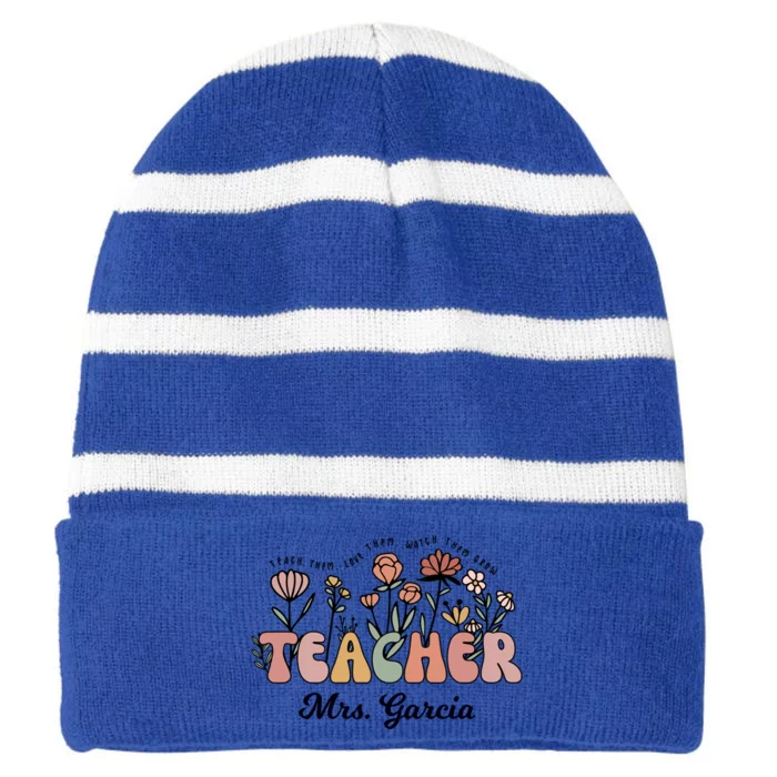 Mrs Garcia Teacher Wildflower Back To School Gift Striped Beanie with Solid Band